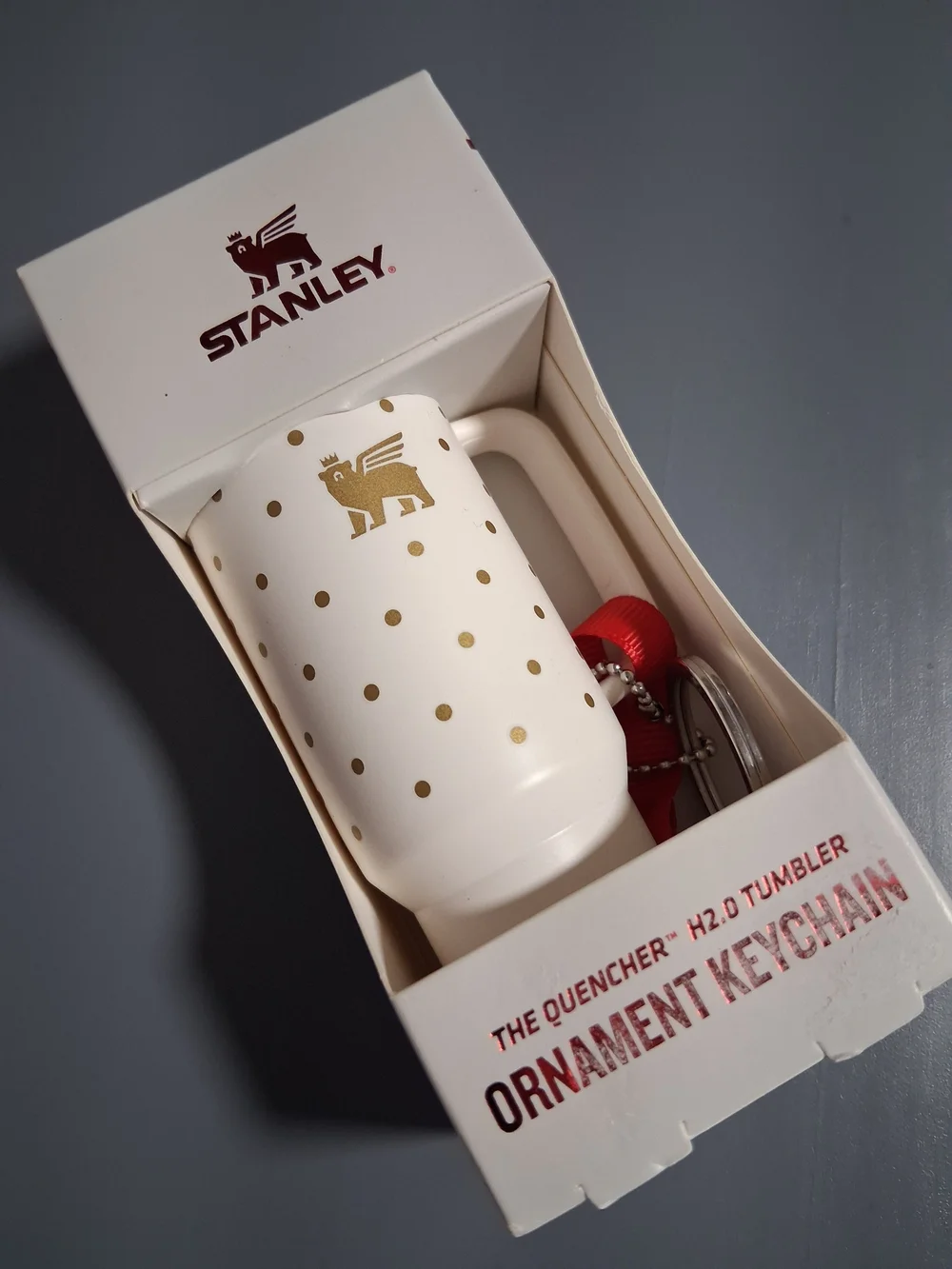 Stanley White & Gold Polka Dot Ornament Tumbler Keychain
